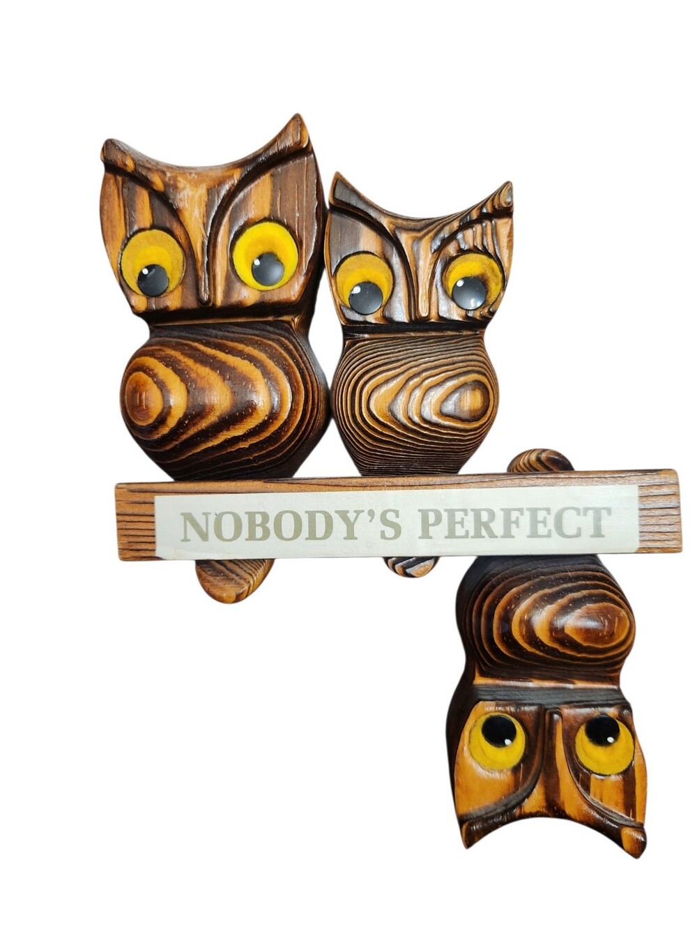 Vintage Wooden Owl Wall Hanging 60s 70s Nobody's Perfect 2 Piece Decor - Picture 2 of 6